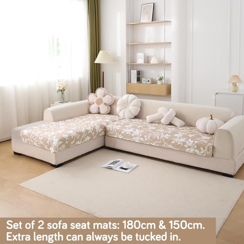 Image of HOKIPO 'Elira Series' Printed Water Repellent + Waterproof Quick Dry L Shape (3+2 Seater) Sofa Seat Cover Mat, Buff Brown Sillehoute Floral (NEW-AR-5249-C7 + NEW-AR-5246-C7)