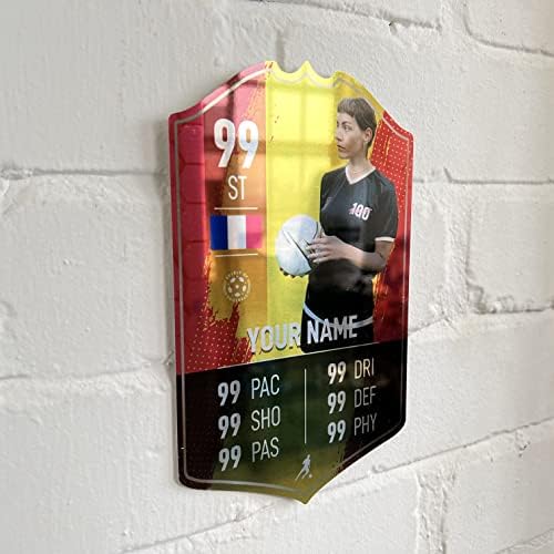 ShopQuality4U Mirror Finish Personalised Football Cup Player Stats Card Sign - Blue Background Printed Metal Shield Sign Wall Art A5 Player Add Name (12x20cm)