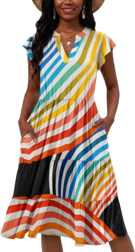 Image of Womens Summer Dress Ruffle Sleeve V Neck Midi Dresses Casual Fit Flowy Tiered Boho Beach Vacation Sundress