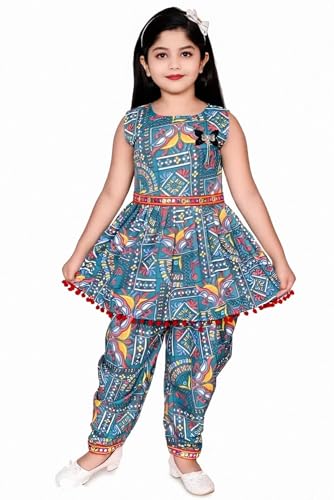 Image of Girls Ethnic Kurti and Dhoti Pant Set - Sleeveless Printed Outfit with Pom-Pom Hem | Dress for Kids