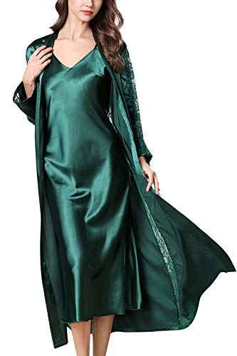YAOMEI Chemises de Nuit Femmes Satin avec Kimono Robe, 2 Pcs Chemises de Nuit Femmes Ensemble de Pyjama, Dentelle Manches Longue Lingerie Peignoir Nuisette Pyjama (S, Vert)