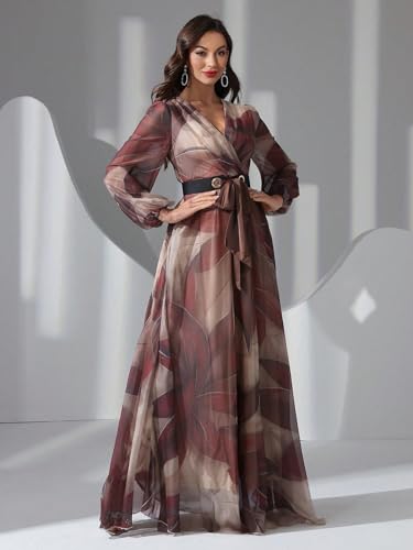 Image of TOLEEN Summer Casual Dresses for Women 2024 Spring Fashion Boho V Neck Long Sleeve Ruffle Floral Print Elegant Maxi Dress