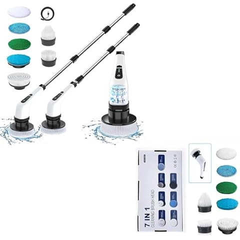 Electric Spin Scrubber Cordler Cleaning Brush, 7 Replaceable Brush Heads and Adjustable Extension Handle Electric Scrubber, for Bathroom Tile, Floor, Tub, Window, Car Cover