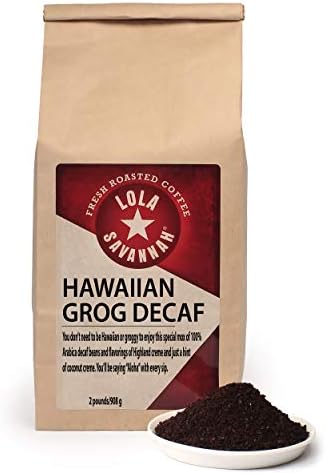 Lola Savannah Hawaiian Grog Ground Coffee - Roasted Arabica Infused with Coconut Flakes and Highland Crème Flavoring, Decaf, 2lb Bag