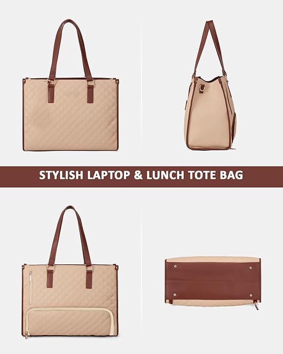 Image of Crewer Elegant Work Bag with Lunch Compartment - Laptop Tote Bag with Lunch Box Section, Office Bag with Insulated Lunch Storage - Stylish Quilted Shoulder Bag for Women.