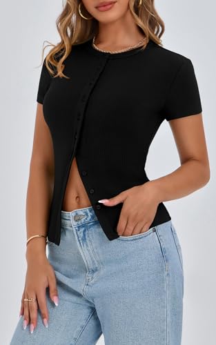 PRETTYGARDEN Women's Short Sleeve Summer Tops 2025 Trendy Ribbed Knit Button Up Tight Basic Tees Shirts Going Out Y2K Clothes3