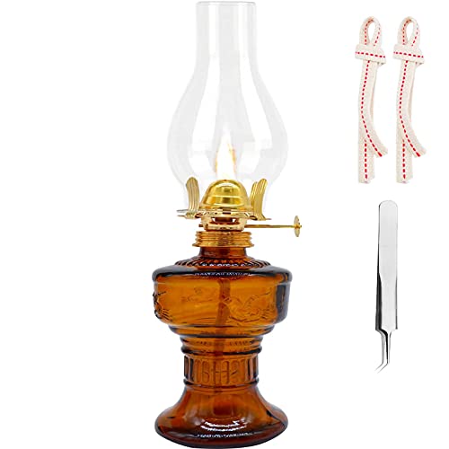 rnuie Kerosene Oil Lamp,1 Vintage Kerosene Lamp,1 Tweezers and 2 Wicks,Glass Hurricane Lantern for Indoor Lighting Decoration Outdoor Camping Use (Brown)