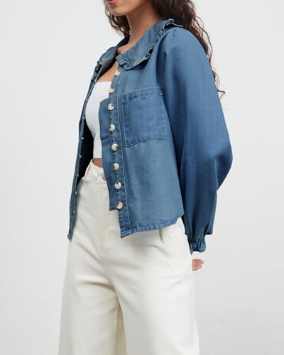 Womens Puff Long Sleeve Denim Shirts Peter Pan Collar Button Down Jean Blouse Casual Denim Tops with Pocket3