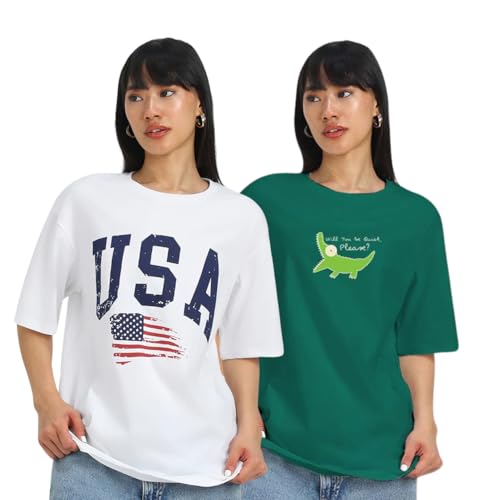 Image of JUNEBERRY 100% Pure Cotton, Pack of 2,Round Neck, Oversized Loose,Drop Shoulder,Graphic Printed, Half Sleeve T-Shirts for Women & Girls, in Different Colors, with Sizes Range from S to 2XL.