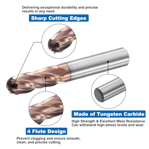 Image of HARFINGTON Ball Nose End Mill 4 Flute 3 /8 inch Diameter 3 /8 inch Shank Tungsten Carbide Uncoated Spiral CNC Router Bits 1 inch Cutting Length Single End Ball for Carving Engraving Grinding
