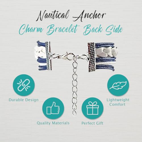 Infinity Collection Nautical Anchor Charm Earrings & Bracelet for Women, Navy & White Anchor Braided Bracelet, Weaved Leather Rope with Ship Wheel & Anchor Charms3