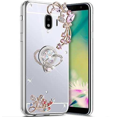 Robinsoni Case Compatible with Samsung Galaxy J4 2018 Phone Case Silicone TPU Cover Galaxy J4 2018 Flexible Case 360 Degree Rotation Ring Case Kickstand Cover Sparkle Bling Cover Gel Soft Case Silver