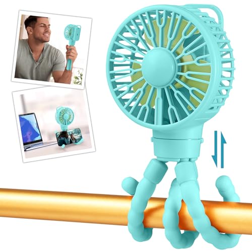 snawowo Mini Portable Stroller Fan, Battery Operated Personal Small Handheld Fan with Flexible Tripod, 3 Speed Rechargeable Clip On for Car Seat Crib Treadmill Travel Camping Blue