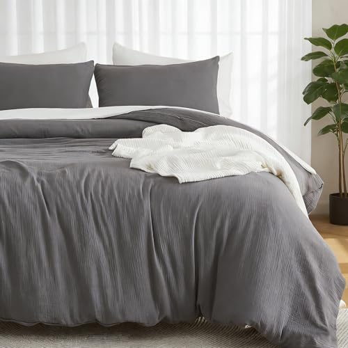 Image of EMME Muslin Cotton Duvet Cover Set Queen Size Linen Like Soft Breathable Lightweight Summer Comforter Cover Set with Zipper Closure (Dark Grey, Queen, 90 inchx90 inch)