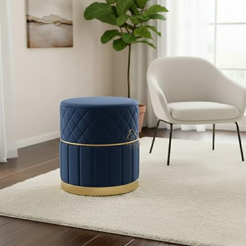 Image of ENIQE STORE Set of 2 Round Velvet Ottoman Footstool Gold Base - Tufted Upholstered Pouffe Stool for Living Room, Bedroom & Dressing Area (Blue-2)