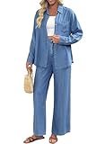Ensemble de vêtements deux pièces en jean : chemisier surdimensionné à manches longues boutonné pour femme, tunique d'été décontractée avec poches. Pantalon large pour femme avec poches, taille élastique dans le dos, bouton sur le devant, taille haute