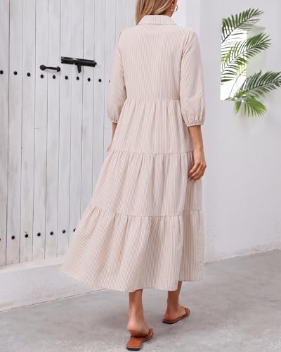 Image of Women Button Down Maxi Shirt Dress Long Sleeve Flowy Tiered Collared Dresses with Pockets