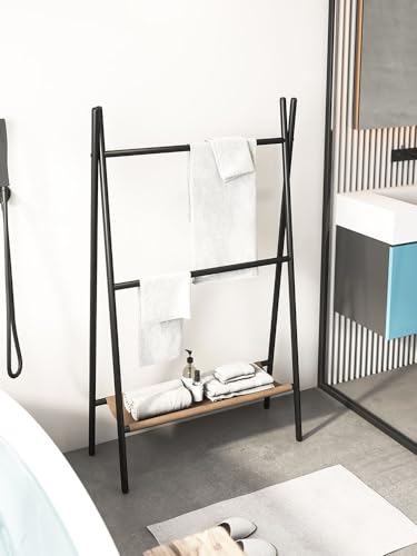 Freestandingtowelstandquiltrackwithshelf2tiermetaltowelholderforbathroomblanketladderdisplaystandfloorstandingtowelracksvart Urban Country Home Decor Freestanding towel stand quilt rack with shelf 2 tier metal towel holder for bathroom blanket ladder display stand floor standing towel rack svart urban country home decor