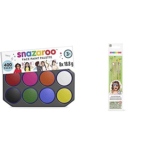 Snazaroo- Paleta de pintura facial, Multicolor (Colart 80818) + pinceles para pintura facial, color verde, Set de 3 (Colart 40500)