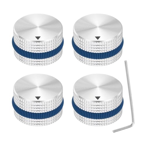 sourcing map 4Pcs Aluminium Potentiometer Knobs, 1/4"(6mm) Volume Audio Control Knobs 15.5mm x 25mm Potentiometer Screw Type for Guitar Bass with White Blue Rubber Ring and Wrench, Silver