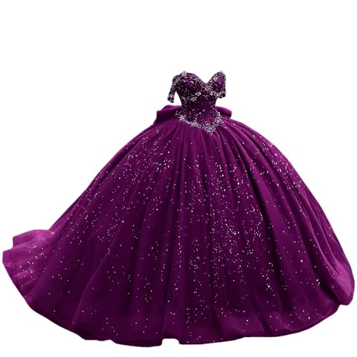 Off Shoulder Beaded Quinceanera Dresses Glitter Tulle Prom Dress Butterfly Appliques Sweet 16 Dresses with Bow