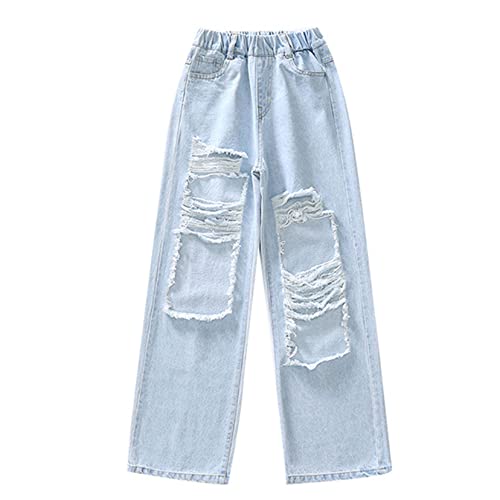 Kids Girls Fashion Casual Loose Wide Leg Distressed Denim Long Pants Ripped Jeans Pockets