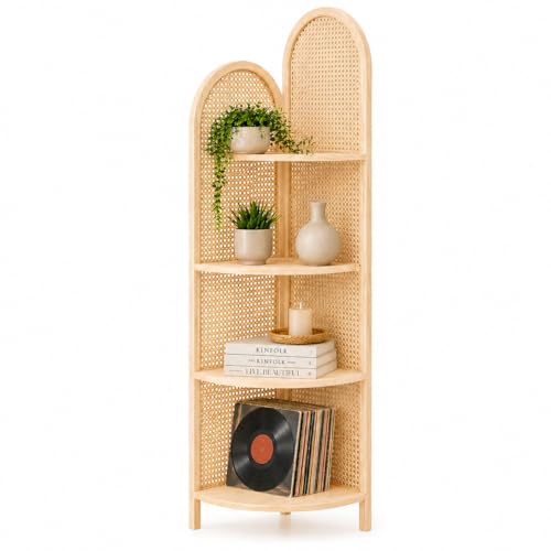 Asnefeli 70 Tall Corner Bookshelf 4-Tier Rattan Corner Shelf Stand for Small Spaces - Solid Wood Frame Display Organizer Rack 90 Flush Wall Fit Natural