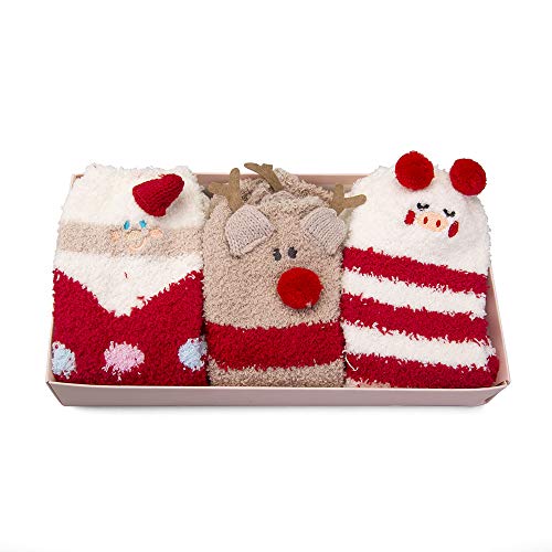 Christmas Fuzzy Socks for Girls - 3 Pairs of Women Cabin Slipper Socks Cute Animal Super Warm