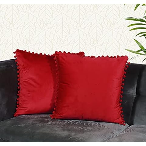 Angel's Pride Set of 2 Velvet Cushions with Pompoms Plain Cushion Covers Decorative Cushion Cover Pillow Seat Cushion Decorative Cushion Couch Cushion for Sofa Bedroom 45 x 45 cm red Cover