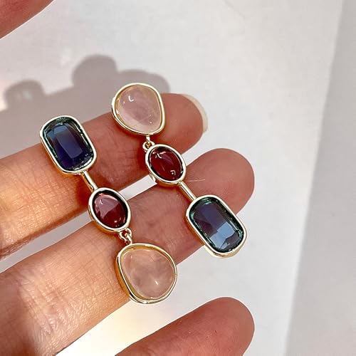 Colorful Three Layered Crystal Tassel Earrings, Boho Asymmetry Gemstone Long Dangle Earrings, Vintage French Drop Jewelry Gifts for Women4