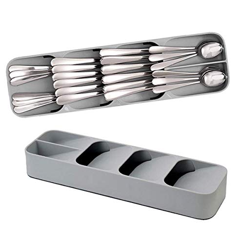 Image of E-COSMOS Compact Cutlery Organizer Tray - Plastic Kitchen Drawer Divider for Knives, Forks, and Spoons - Space-Saving Silverware Storage Holder & Dish Rack (Grey)
