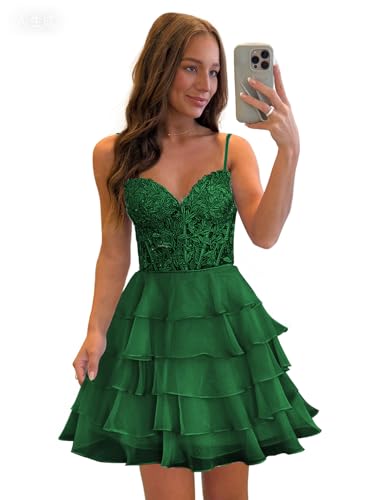 Spaghetti Straps Tiered Homecoming Dresses Short Prom Dress for Teens 2025 Lace Appliques Chiffon Cocktail Dress