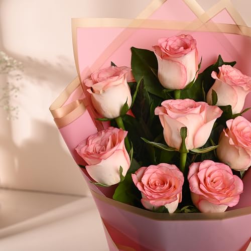Image of FlowerAura Premium Fresh Live Flower Bouquet of 8 Pink Roses In Designer Paper Gift For Birthday | Anniversary | Love | Home Decor | Fathers Day Gift For Dad (Same Day Delivery)