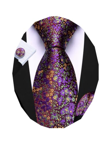 Image of Barry.Wang Flower Ties for Men Handkerchief Cufflinks Set Wedding Necktie Set Party