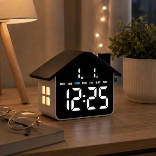 Image of Xtore Digital House-Shaped LED Alarm Clock with Date, Day & 4-Level Brightness | Modern Desktop Clock with Alarm Function for Bedroom, Office & Study Table
