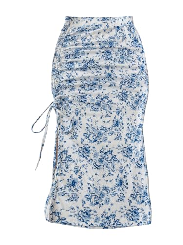 Milumia Women's Boho Floral Drawstring Split Thigh Ruched Bodycon Midi Skirts