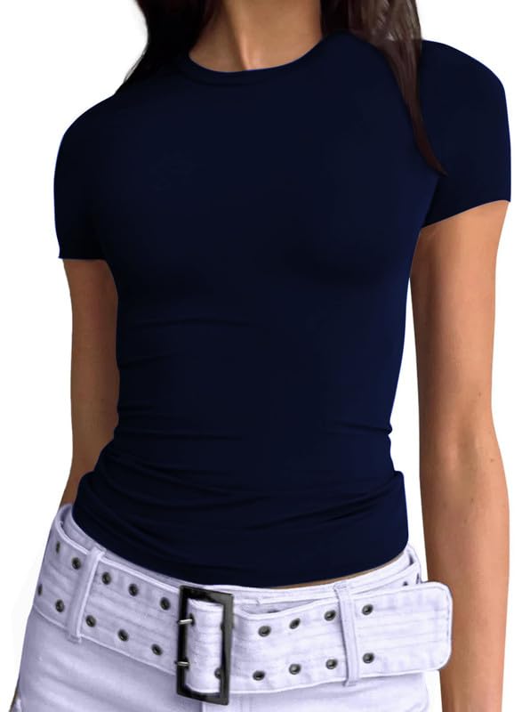 Women's Fitted Crop Top Fashion Workout Shirts Tight Cotton Tee Scoop Neck Short Sleeve VG5-picture-13