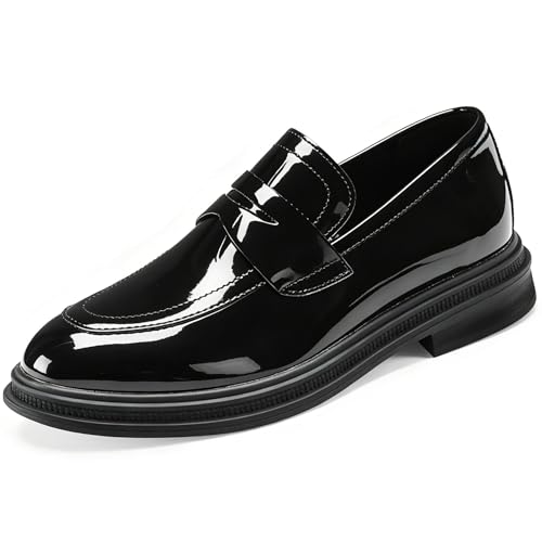RiceelSor Mens Slip-On Penny Loafers Casual Patent Leather Business Dress Shoes Comfortable Lightweight Pointed Toe Tuxedo Shoes for Wedding Formal Work (Black B,12) by RiceelSor - Used condition - US$38.04