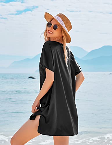 Eshion Silk Satin Sleepshirt Women V Neck Night Dress Boyfriend Nightgown Plus Size Sleepwear(Black,Xxl) #TOP4