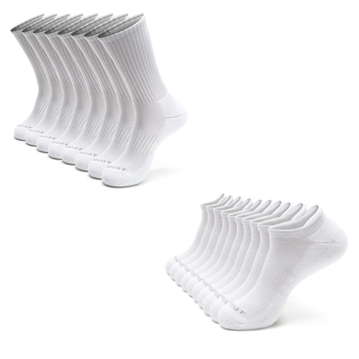MONFOOT Men's/Women's 8+10 Pairs Athletic Cushion Crew Ankle Socks, White Large