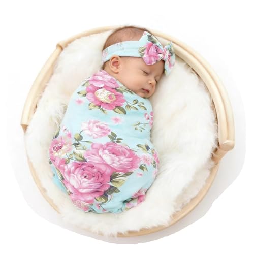 Galabloomer Baby Girl Newborn Receiving Blanket with Headband Set Baby Swaddle Nursery Swaddle Wrap with Card (Aqua)