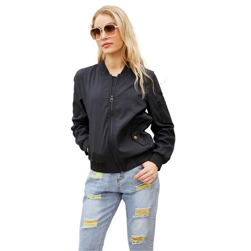 Women’s Casual Baseball Jacket Long Sleeve Zip Up Stand or Lapel Collar Autumn Thin Coat | Black | XL-image-40