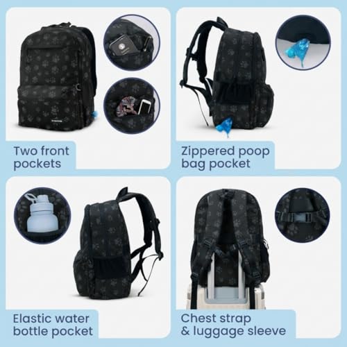 Image of Dog Travel Bag for Supplies - Complete Dog Diaper Bag Backpack with 2 BPA-Free Travel Bowls, Treat Pouch, Food Container, Placemat & Laptop Sleeve - for Traveling, Road Trips, Hiking: Black-Paw Print