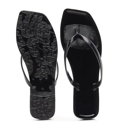 Image of Womens Flip Flops Thong Sandals Jelly Shoes Flat for Ladies Slides Black Slippers Size 9 Slip On Summer Beach Dressy