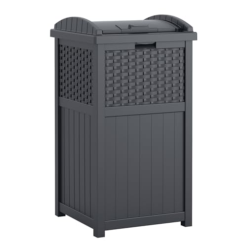 Suncast 33 Gallon Wicker-Style Hideaway Trash Can with Secure Latching Lid and Weather-Resistant Construction for Patio, Cyberspace Grey, Made in the USA