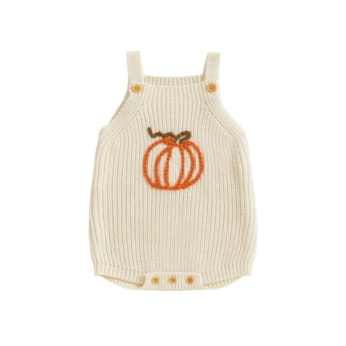 Newborn Baby Girl Halloween Outfit Knit Sweater Pumpkin Embroidery Romper Overalls Sleeveless Jumpsuit Cute Clothes