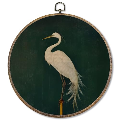 FUGWN Vintage Japanese Crane Round Wall Art Decor Framed, Dark