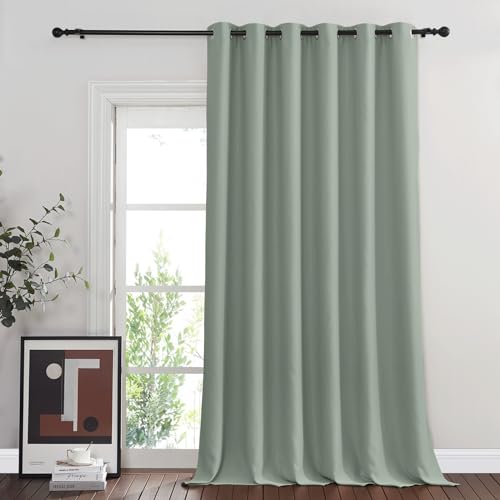 NICETOWN Blackout Sage Green Blackout Curtain for French Door, Grommet Room Divider Curtain Wide Window Treatment Voice Reducing Thermal Drape for Bed