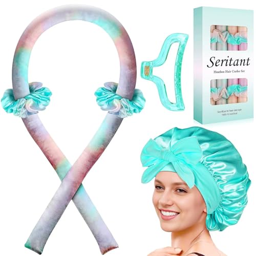Heatless Hair Curler for Overnight Curls | No Heat Curling Rod Set with Satin Bonnet | Sleep-In Safe Blowout Rods for Frizz-Free Waves Green Tie Dye