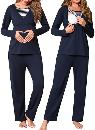 Bresdk Stillpyjama Damen Lang Umstandspyjama Langarm Winter Umstandsmode | Zweiteiliger Schwangerschaft mit Stillfunktion Baumwolle Nachtwäsche für Schwanger mit Elastischen Bundes